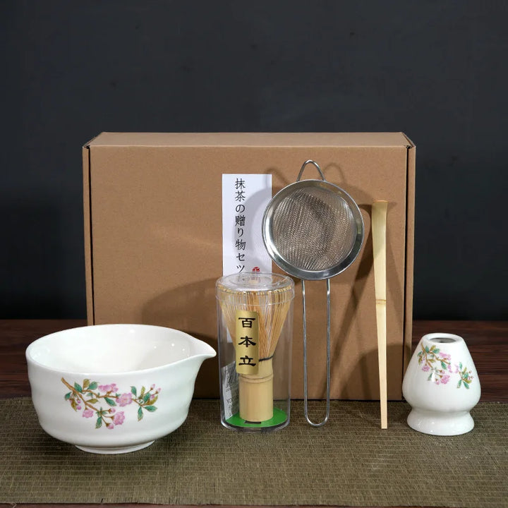 Matcha Tea Set Porcelain Bowl Bamboo Whisk Traditional Box