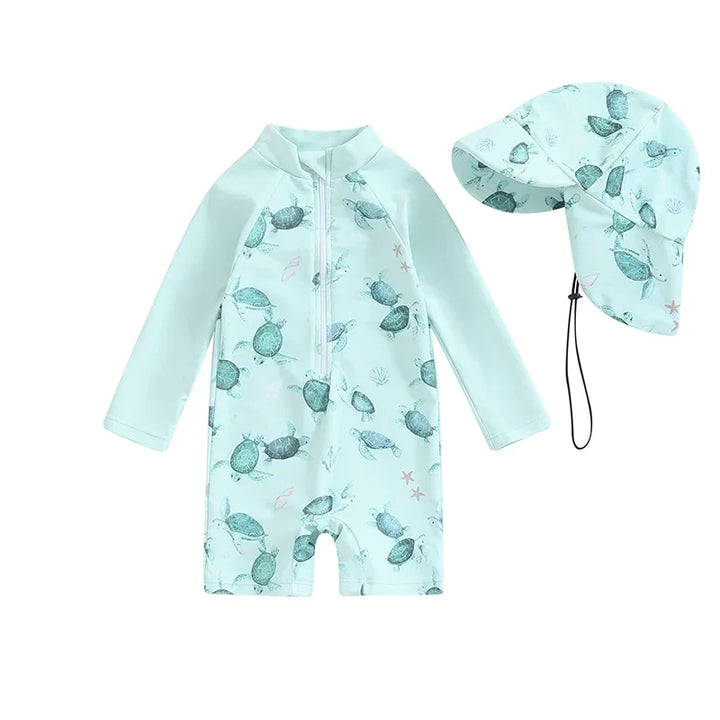 Quick-Dry Baby Rash Guard Swimsuit Set With Sun Hat - Long Sleeve, Polyester, For Beach And Sun Protection