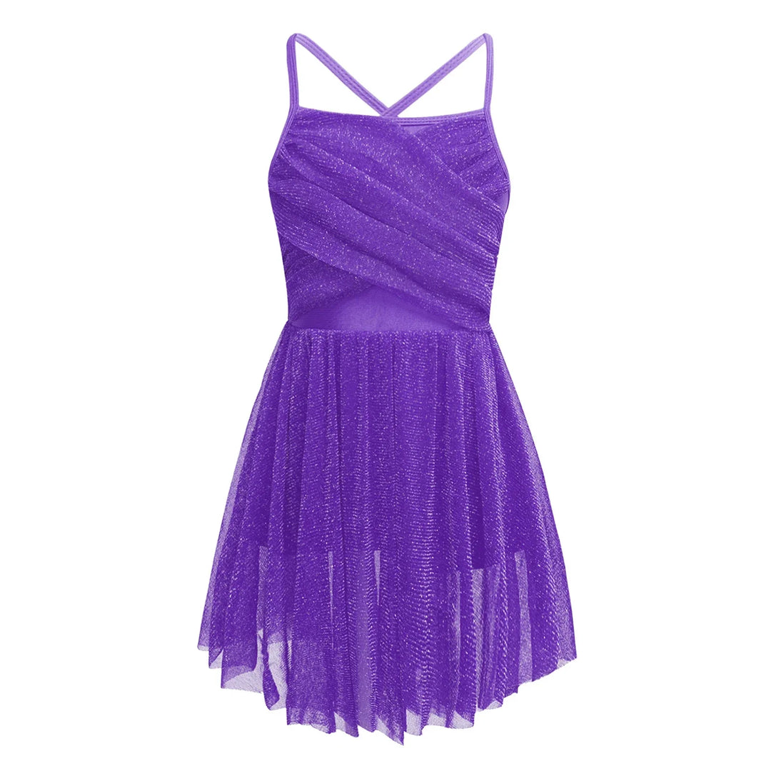 Lightweight Girls’ Dance Dress – Lyrical, Glitter Mesh, Polyester, For Ballet, Gymnastics