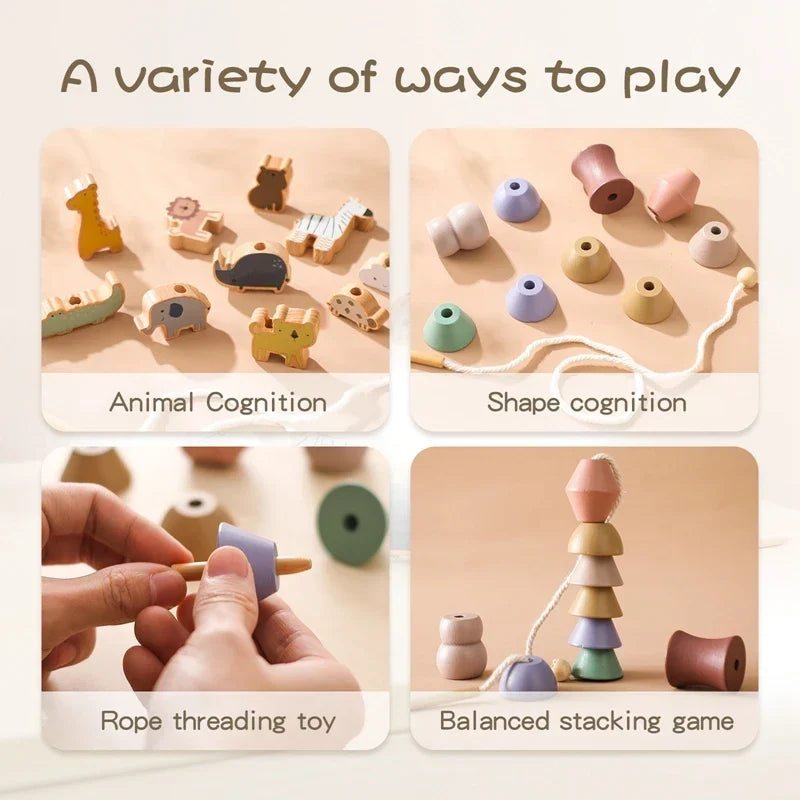 Wooden Stacking Toy Set for Babies and Toddlers, Montessori Animal Threading Toy, Educational Fine Motor Skills Development