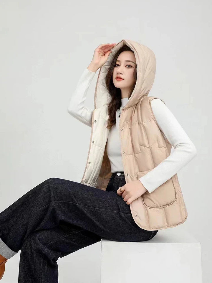 Lightweight Women Hooded Down Vest - Boxy, Down, Autumn
