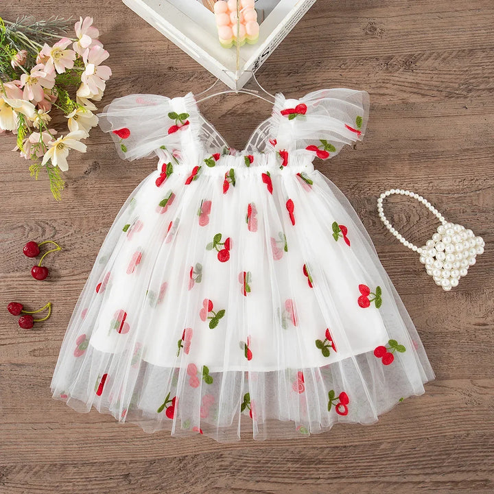 Soft Baby Girl Dress – Princess Style Knee-Length Fruit Print, Acetate, Birthday Party