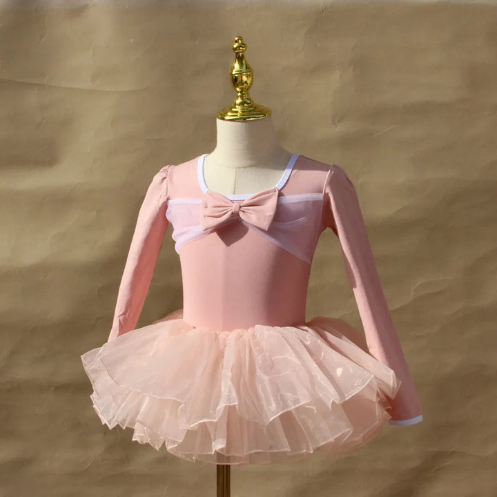 Lightweight girls ballet leotard set - puff-sleeve top, tulle tutu skirt, polyester, for dance class