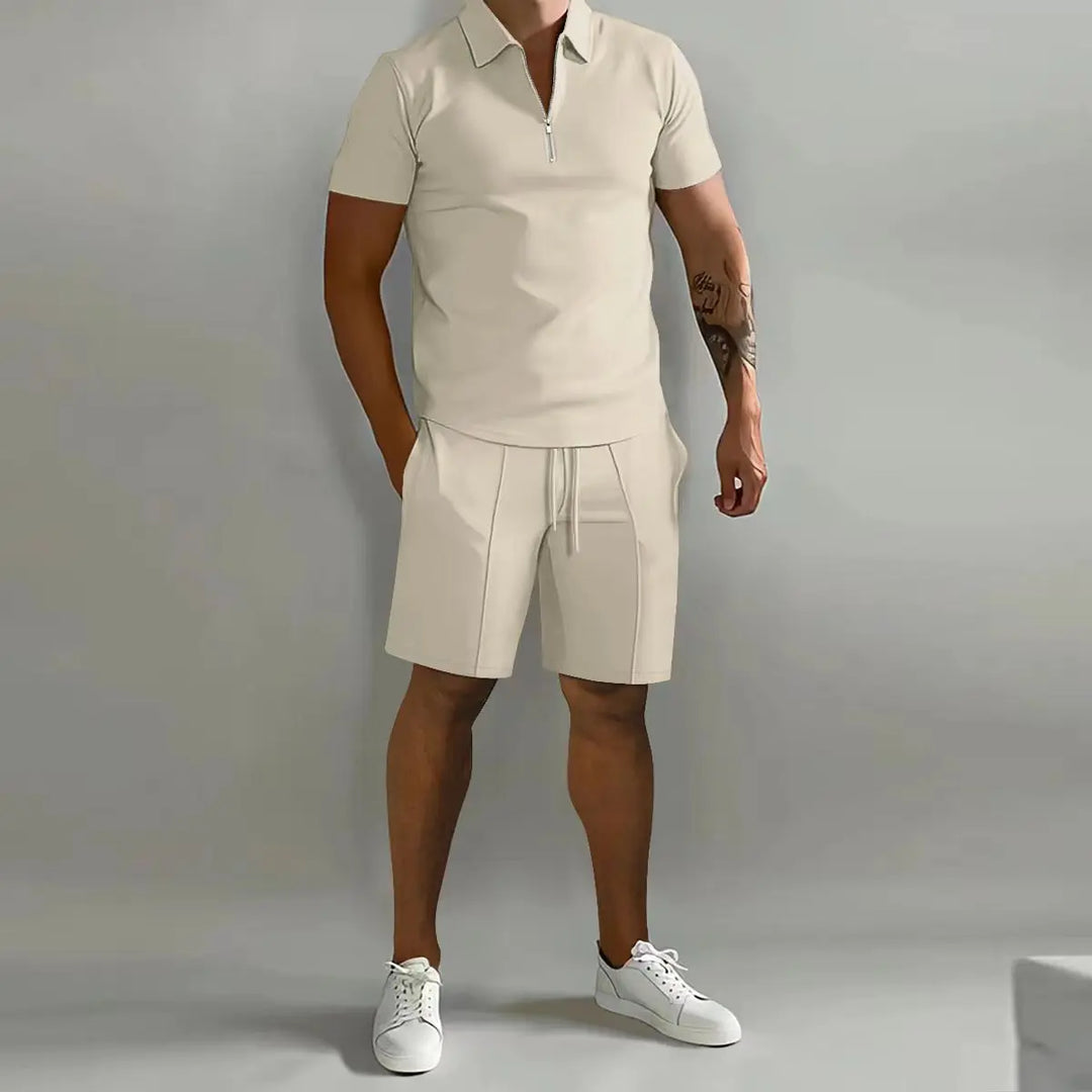 Solid color Polo Shirt &amp; Vertical Stripe Pants Set - Casual Short Sleeve Sports Wear