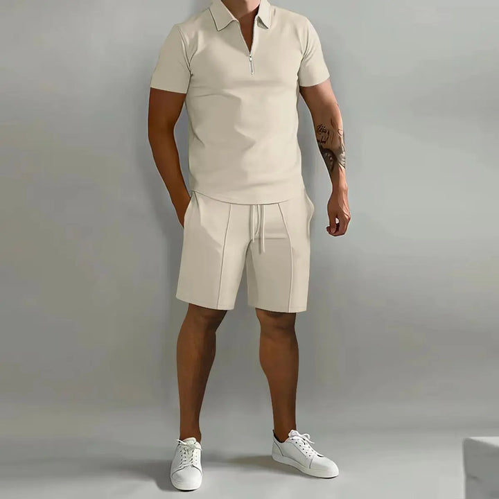 Solid color Polo Shirt &amp; Vertical Stripe Pants Set - Casual Short Sleeve Sports Wear