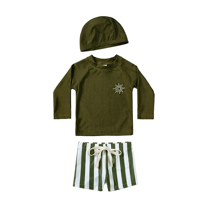 Breathable Kids Rash Guard Swim Set – Long-Sleeve Top, Swim Pants, Hat, Polyester Elastane, Beach Vacation