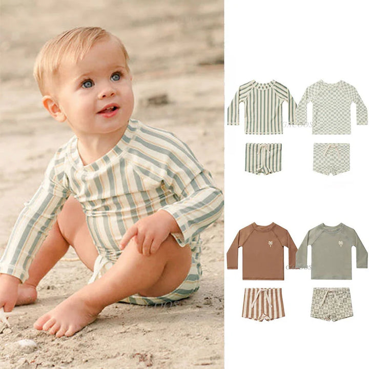 Quick-dry Unisex Baby Swimwear 2-Piece Set – Long-Sleeve Rash Guard Top, Shorts, Polyester, Summer Beachwear