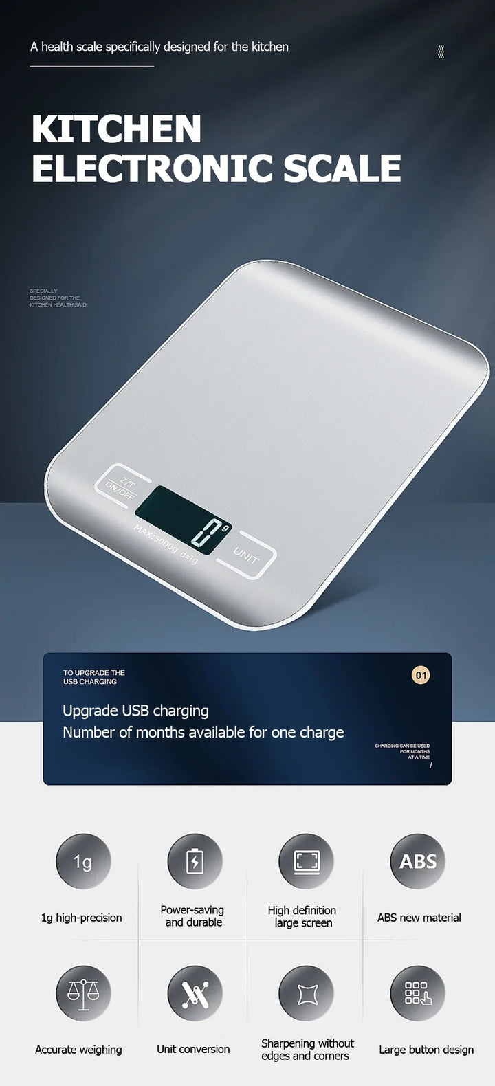 Digital Kitchen Scale Stainless Steel LCD Baking Scale
