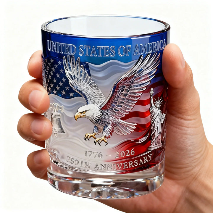 Patriotic Whiskey Glass Hand Blown Eagle Glassware USA 250th Anniversary Rotating Cup Gift Idea