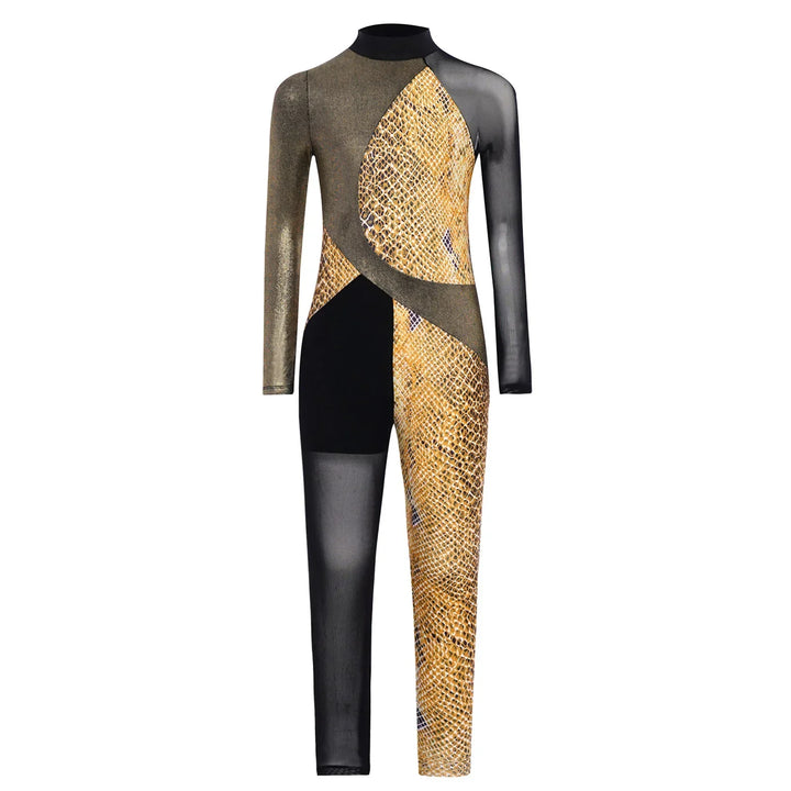 Stretchy Girls Unitard – Long Sleeve, Snakeskin, Polyester, Nylon, Elastane, For Ballet, Rhythmic Gymnastics