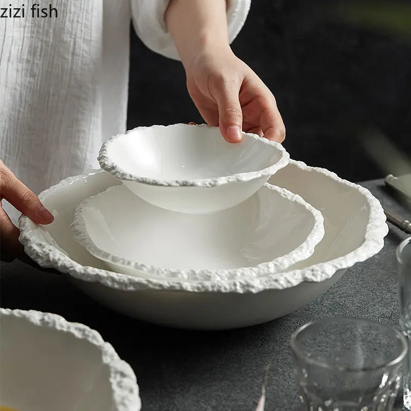 White Porcelain Rock Edge Soup Bowl Modern Tableware