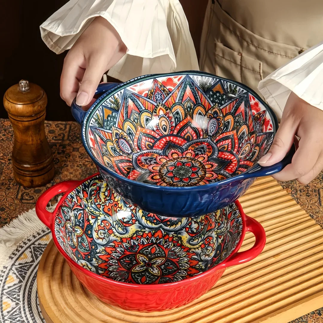 Ceramic Soup Bowl Bohemian Handle Embossed Microwave