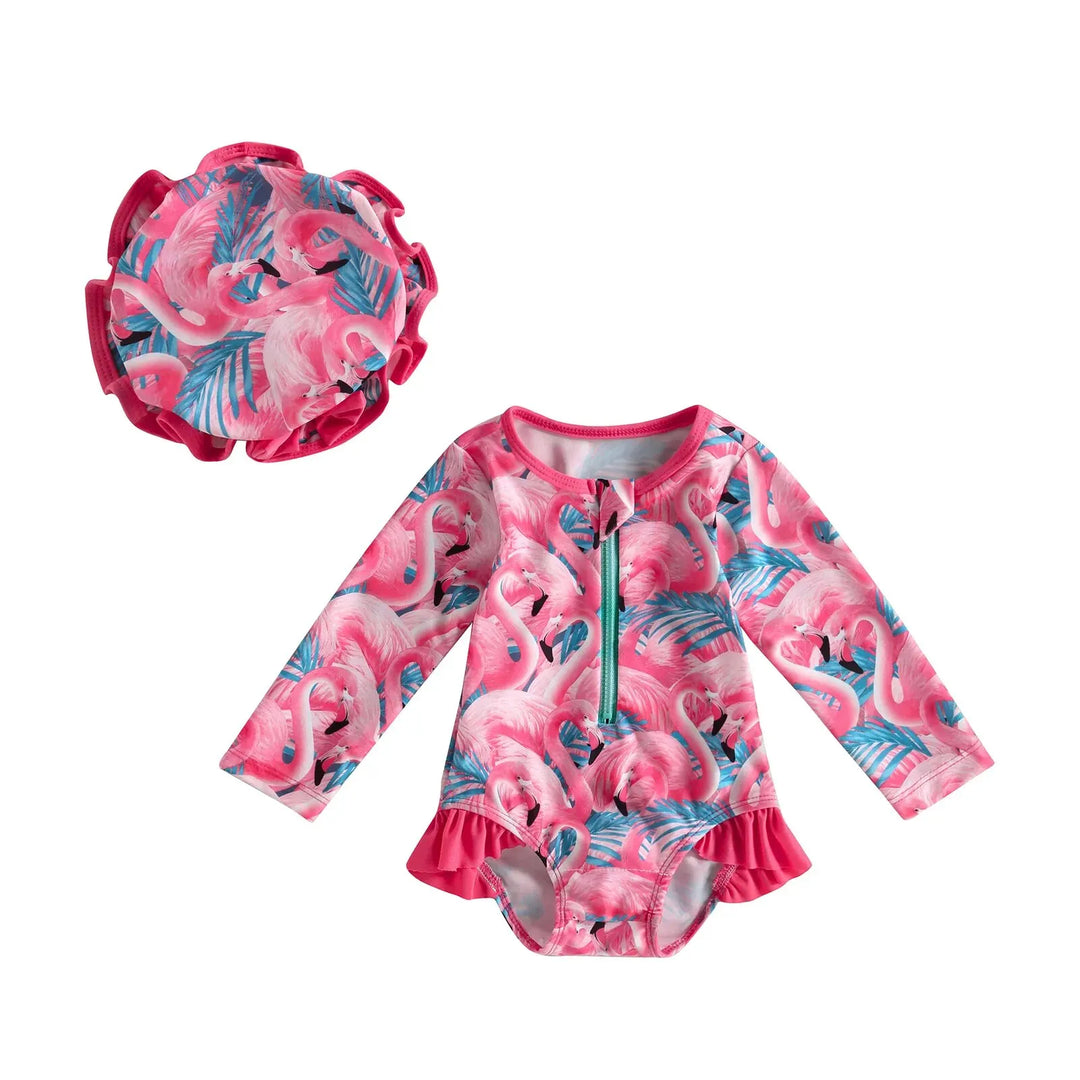 Lightweight infant girl’s swimwear jumpsuit – long-sleeve zipper, flamingo floral print, polyester, for summer