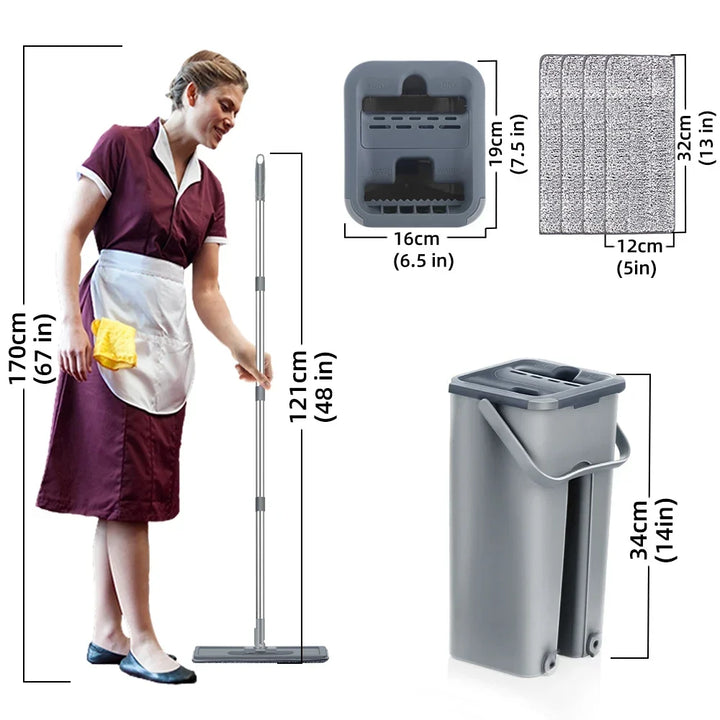 Household Cleaning Hand-Free Flat Floor Mop &amp; Bucket Set with Washable Microfiber 4x Pads