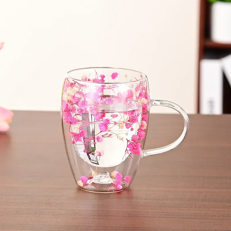 Double Wall Glass Cup with Handle Dried Flower Decorated Ins Style Mug 300ML