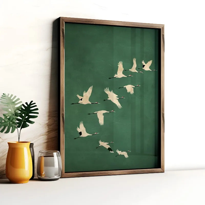 Cranes Wall Art Emerald Green Canvas With Gold Accents