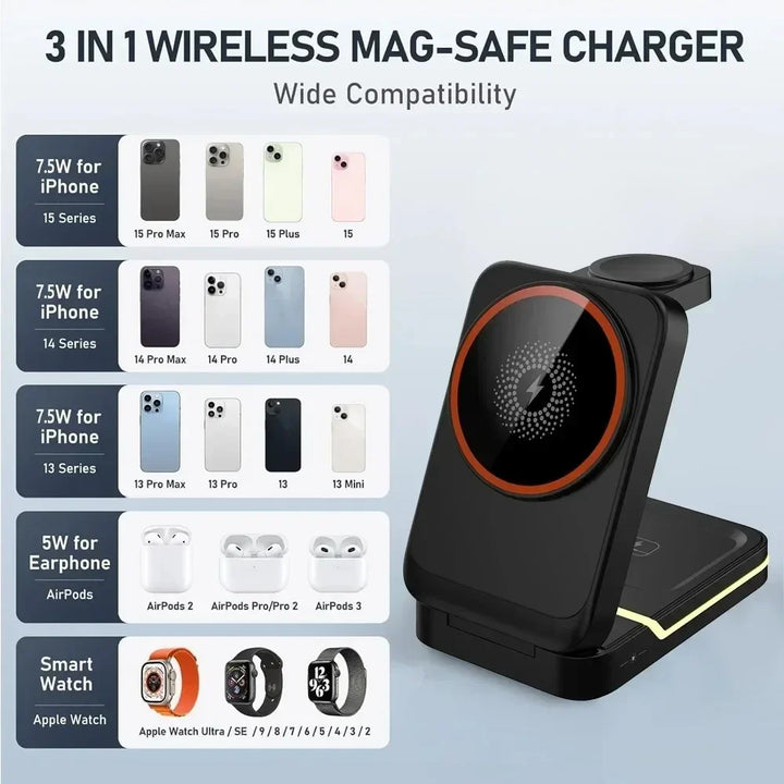 Foldable magnetic wireless charger – iPhone 12-16, Apple Watch, AirPods, USB-C, 15W 2026