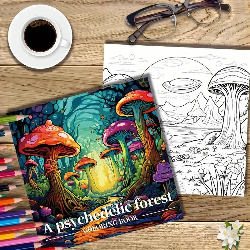 colouring Book 22 Page Psychedelic Forest Stress Relief Activity Gift Fall 2025 Trend