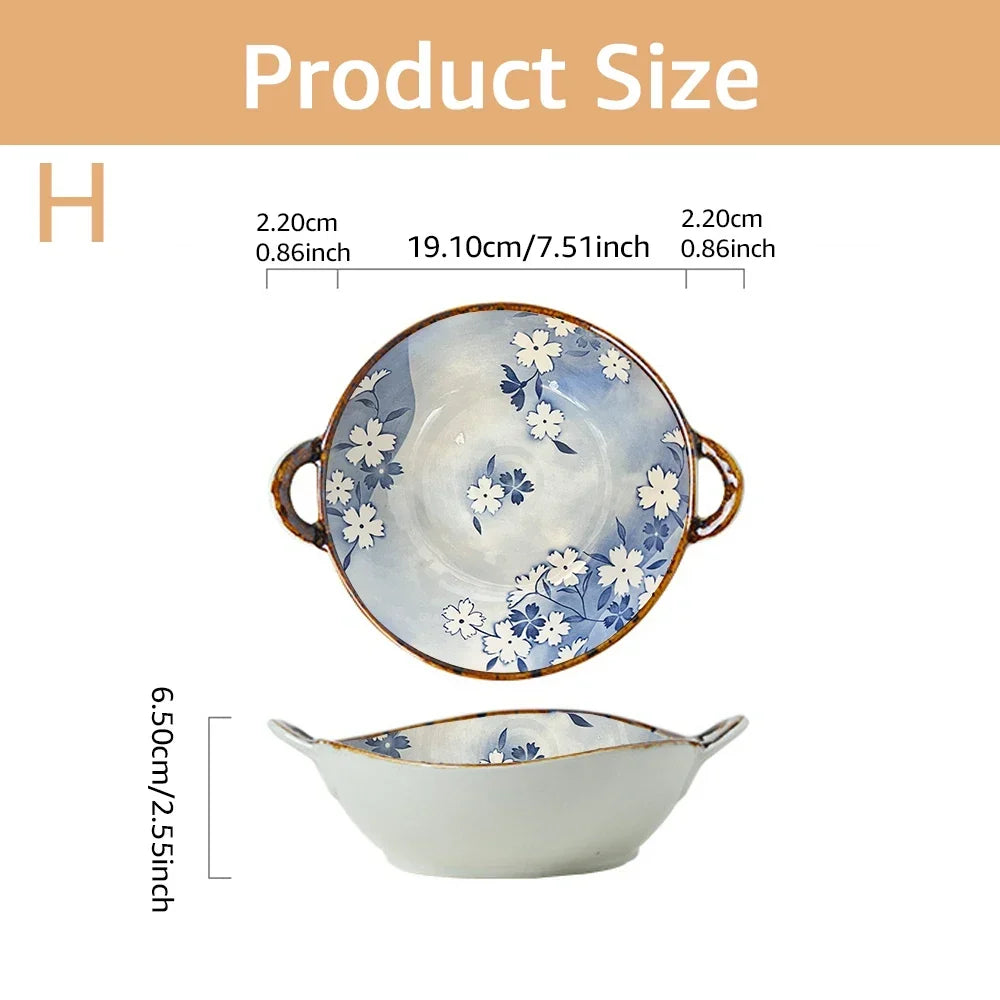 Ceramic 7.5 Inch Noodle Bowl With Handles Floral Porcelain