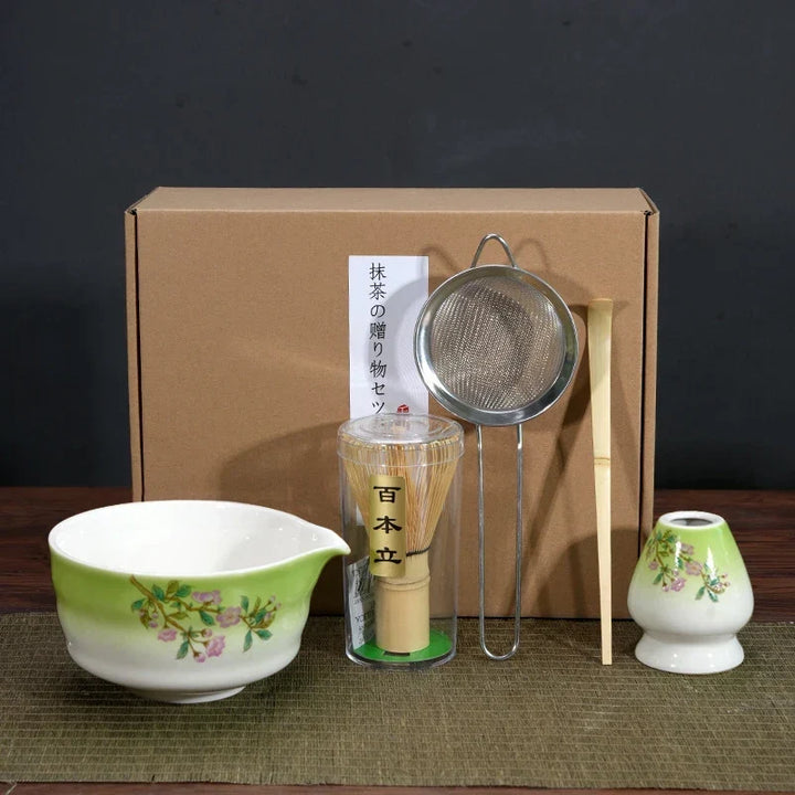 Matcha Tea Set Porcelain Bowl Bamboo Whisk Traditional Box