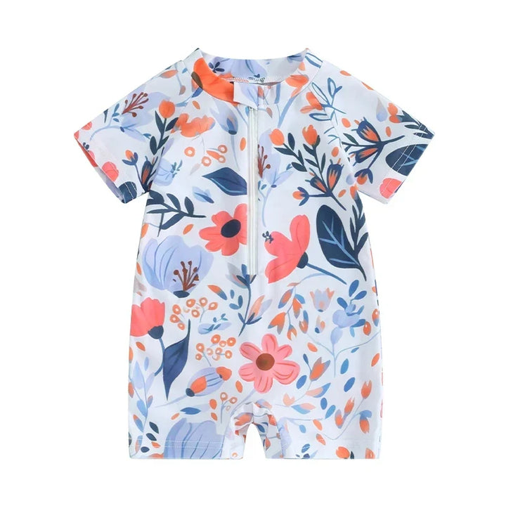 Soft girls’ rash guard romper – zip-front, short sleeve, floral print, polyester, for summer swimwear