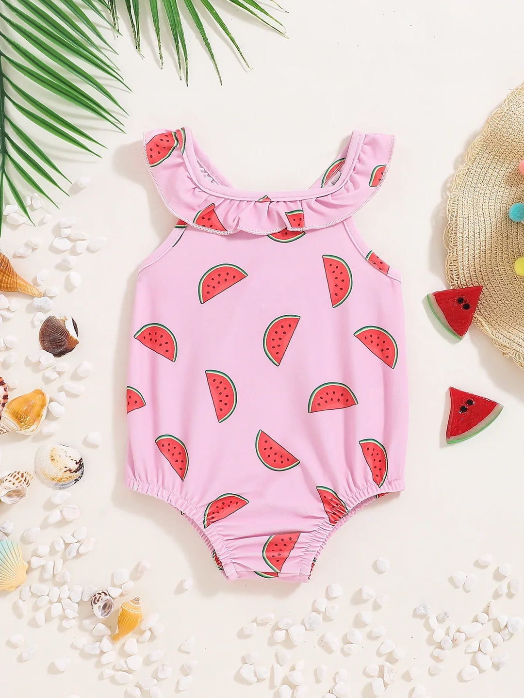 Soft Durable Baby Girls’ Swimsuit – Halter-Neck Watermelon-Print, Polyester, For Summer Beach Days