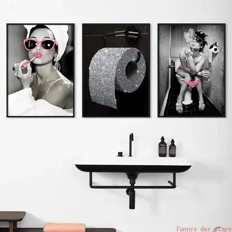 Bar Bathroom Decor Hepburn Canvas Art - Girl Drinking Smoking Wall Picture Bling Design