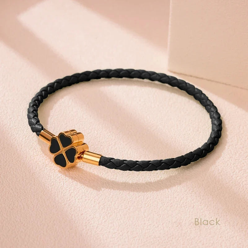 Four Leaf Clover Braided Leather Lucky Bracelet Gift