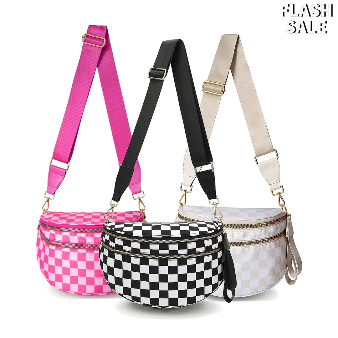 Versatile unisex crossbody bum bag – checkered nylon, box shape, travel and daily use