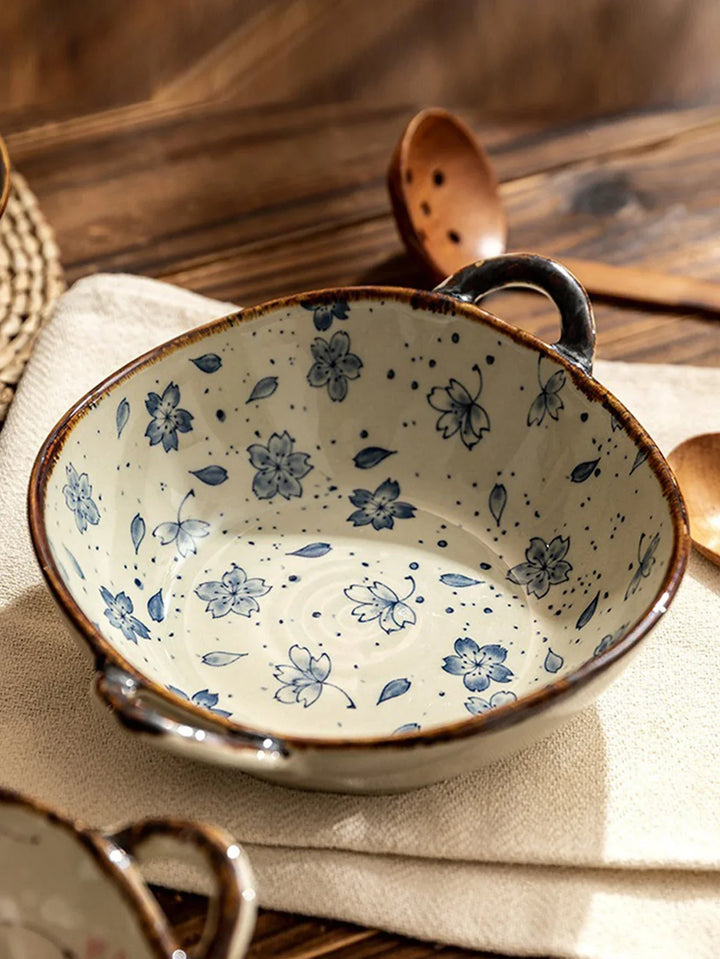 Ceramic 7.5 Inch Noodle Bowl With Handles Floral Porcelain