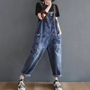 Vintage Big Pocket Suspender Jeans Pants - Women&