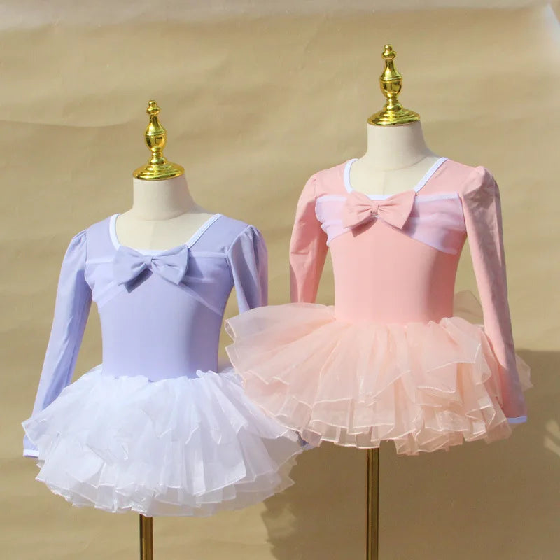 Lightweight girls ballet leotard set - puff-sleeve top, tulle tutu skirt, polyester, for dance class