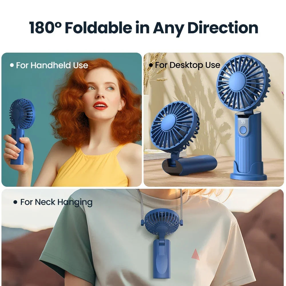 2400mAh/5000mAh Mini Portable Fan USB Rechargeable 3 Speeds, Handheld Pocket Fan with Lanyard &amp; Base, Foldable Desk Fan