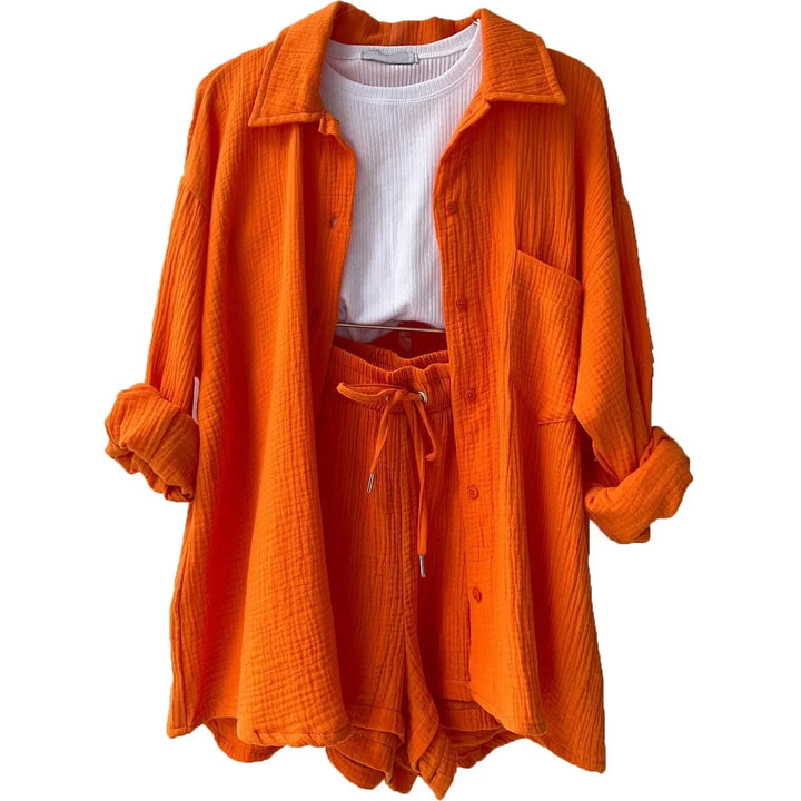 Women Two-Piece Set Orange Wrinkled Lapel Shirt &amp; High-Waisted Shorts Fashion Suit