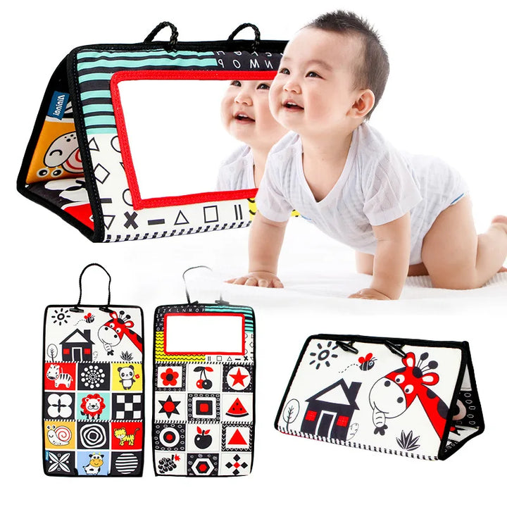 Black and White Tummy Time Mirror Toy for Infants, Sensory Development Crinkle Cloth, Best Newborn Tummy Time Toy, Montessori Inspired