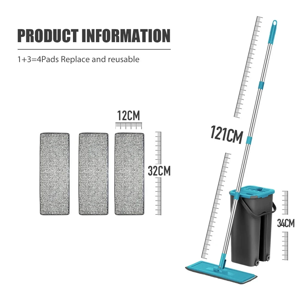 Household Cleaning Hand-Free Flat Floor Mop &amp; Bucket Set with Washable Microfiber 4x Pads