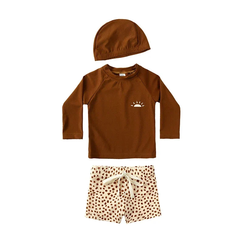 Breathable Kids Rash Guard Swim Set – Long-Sleeve Top, Swim Pants, Hat, Polyester Elastane, Beach Vacation
