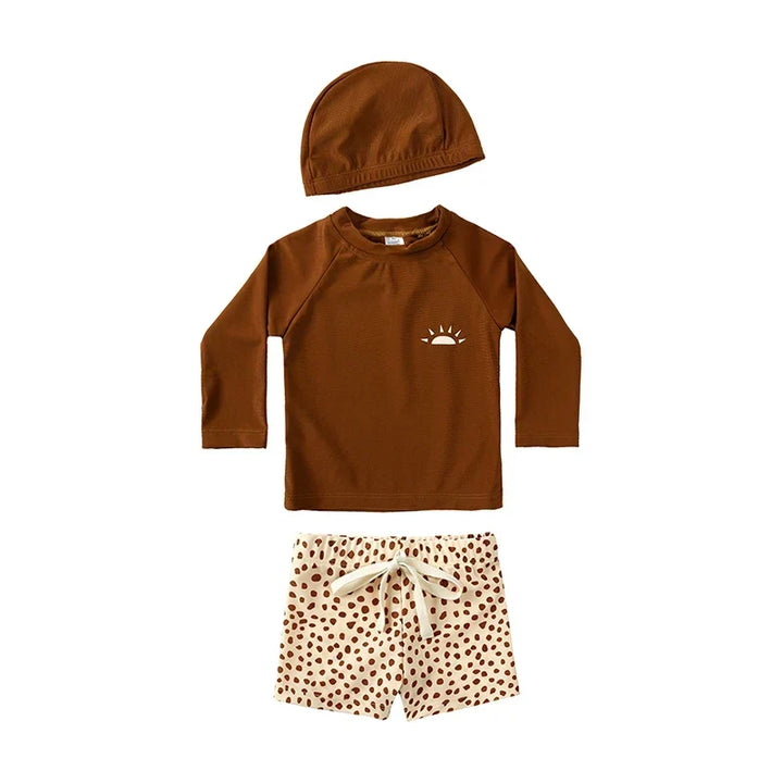 Breathable Kids Rash Guard Swim Set – Long-Sleeve Top, Swim Pants, Hat, Polyester Elastane, Beach Vacation