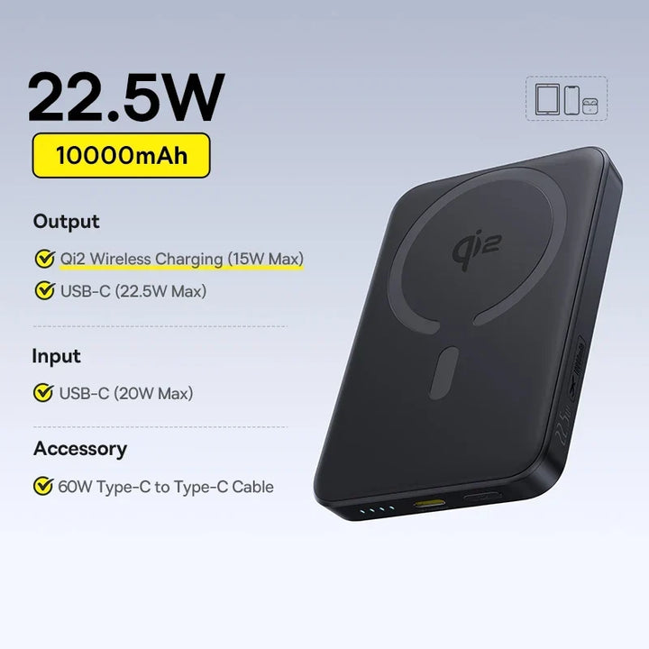 Qi2 Magnetic Power Bank 10000mAh – 15W Wireless &amp; 22.5W USB-C Charging for iPhone &amp; Samsung 2026