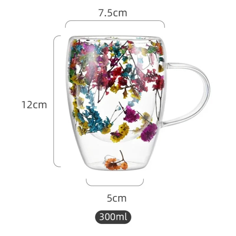 Double Wall Glass Cup with Handle Dried Flower Decorated Ins Style Mug 300ML