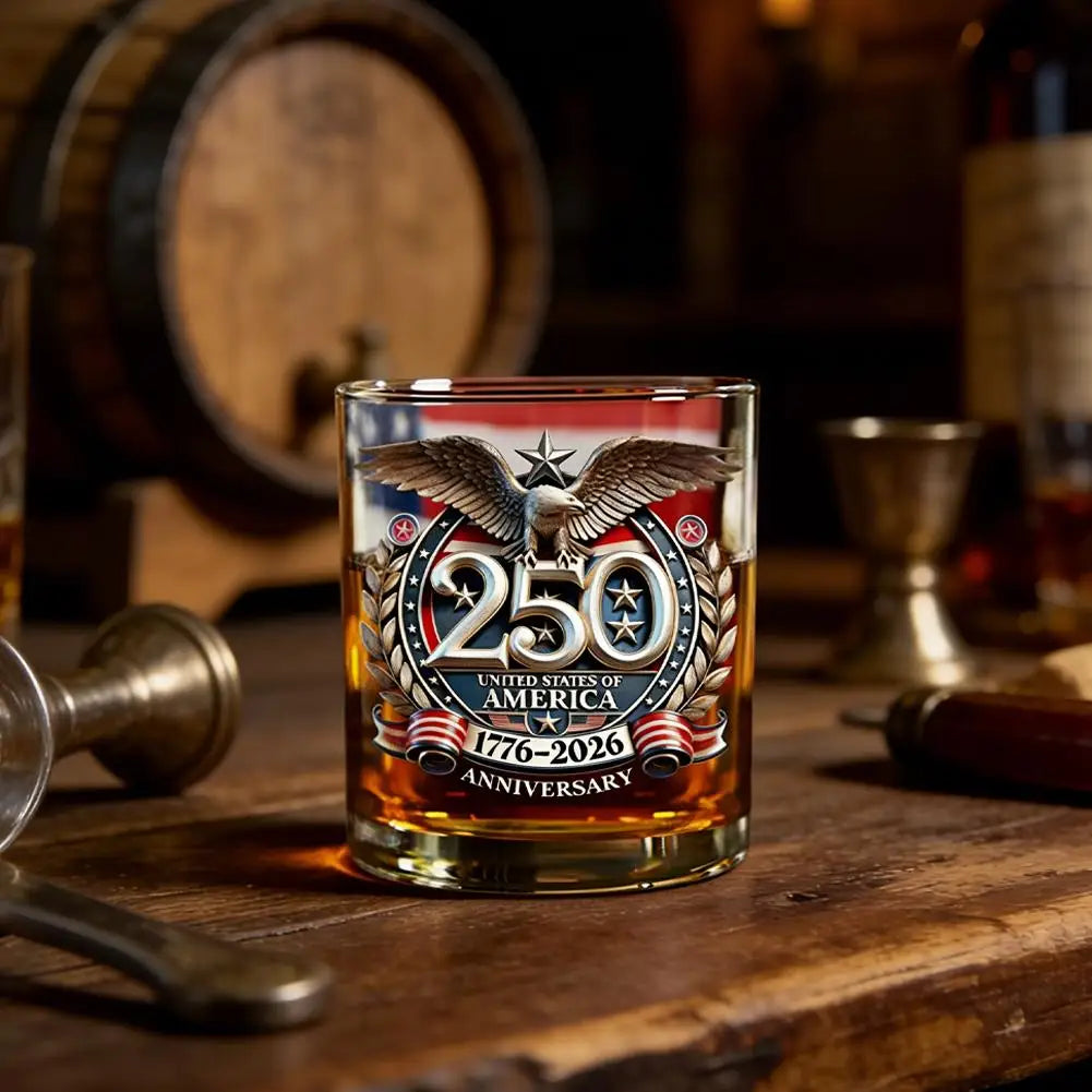 Patriotic Whiskey Glass Hand Blown Eagle Glassware USA 250th Anniversary Rotating Cup Gift Idea
