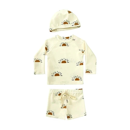 Quick-dry Unisex Baby Swimwear 2-Piece Set – Long-Sleeve Rash Guard Top, Shorts, Polyester, Summer Beachwear