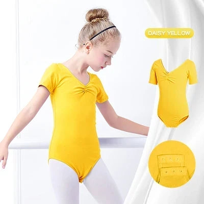 Soft girls ballet leotard - drawstring neckline, ruched front, cotton knit, for dance class