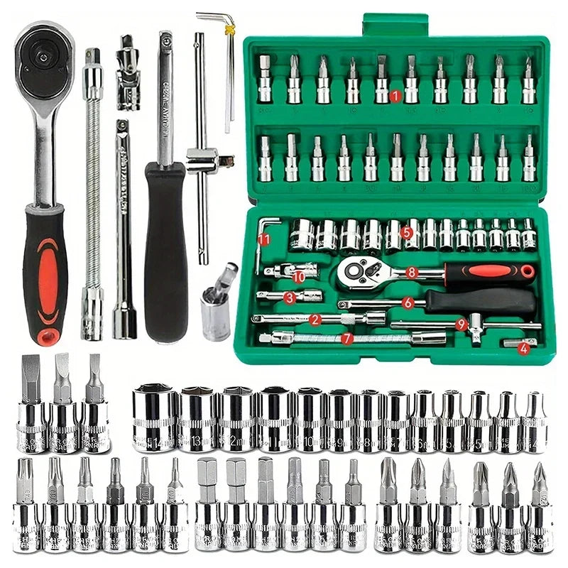 Home Tools Drive Socket Set - 1/4 Inch Ratchet Wrench &amp; Metric Hex Bit Kit for Mechanics