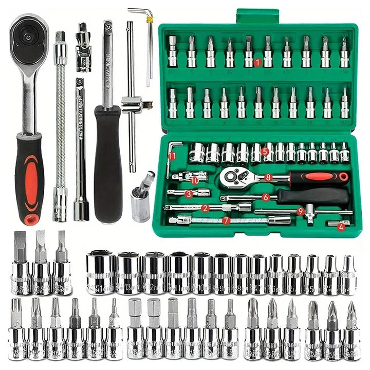 Home Tools Drive Socket Set - 1/4 Inch Ratchet Wrench &amp; Metric Hex Bit Kit for Mechanics
