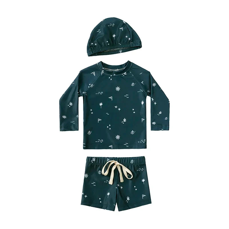 Breathable Kids Rash Guard Swim Set – Long-Sleeve Top, Swim Pants, Hat, Polyester Elastane, Beach Vacation
