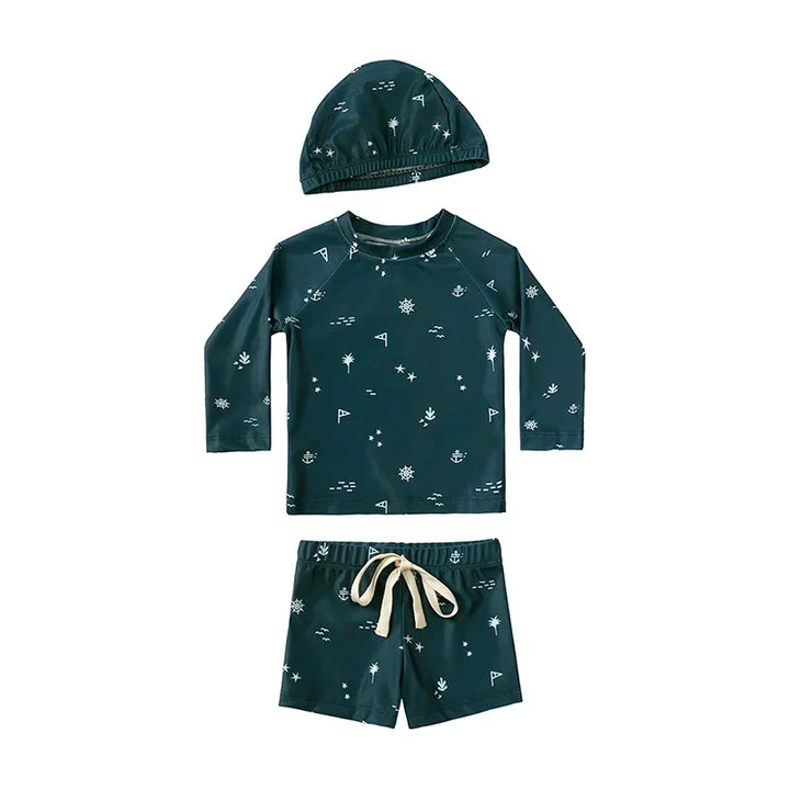 Breathable Kids Rash Guard Swim Set – Long-Sleeve Top, Swim Pants, Hat, Polyester Elastane, Beach Vacation