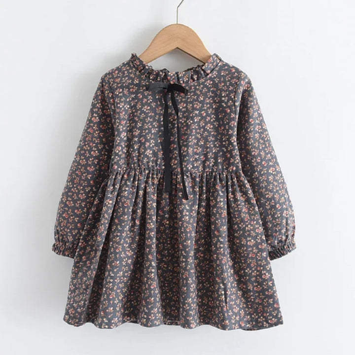 Soft Girls Dress – Long Sleeve Knee-Length, Floral Print, Cotton, Casual Autumn Wear