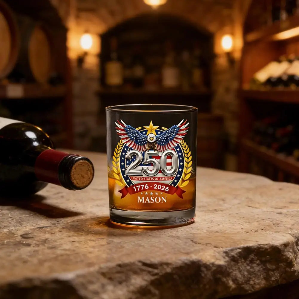 Patriotic Whiskey Glass Hand Blown Eagle Glassware USA 250th Anniversary Rotating Cup Gift Idea