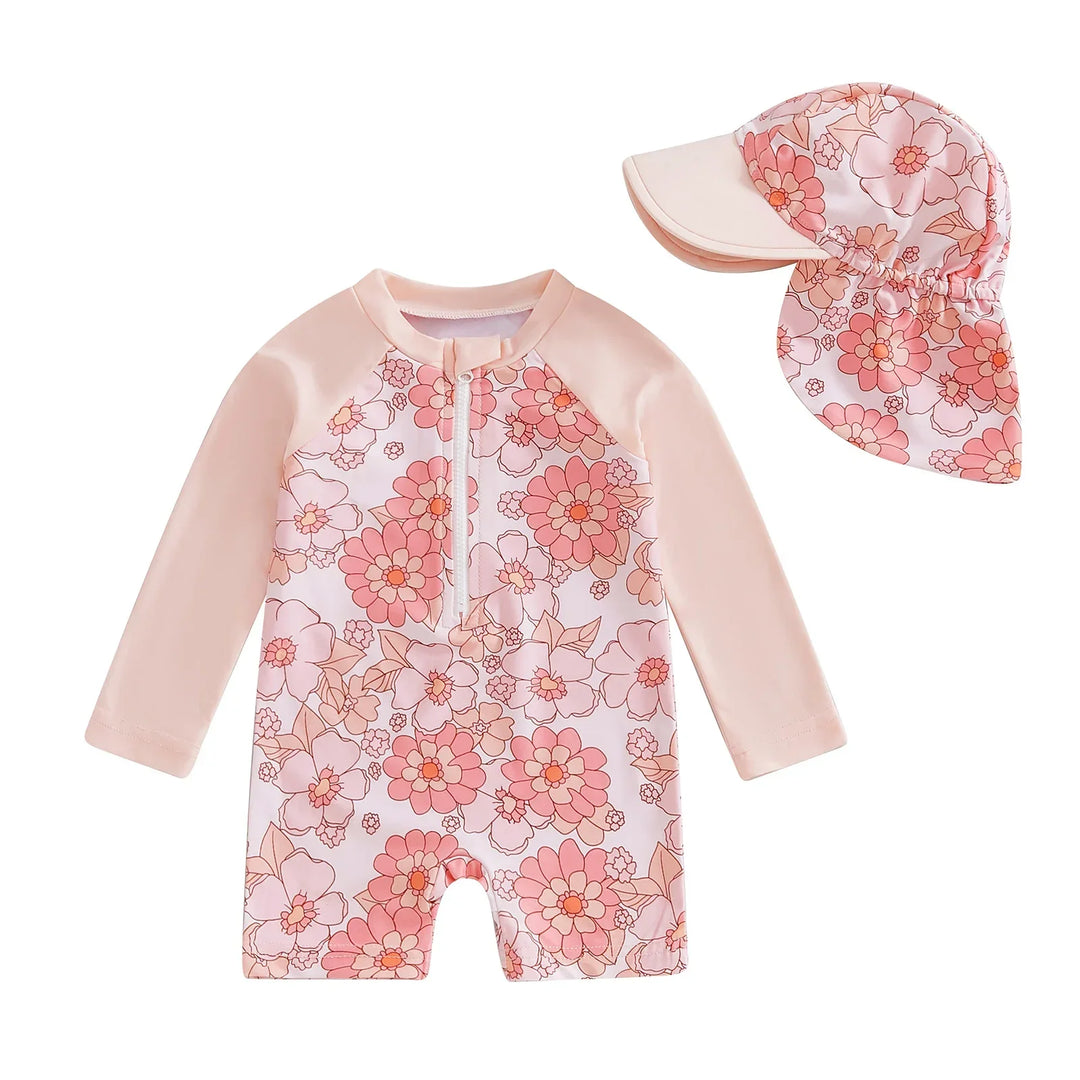 Lightweight Durable Toddler Girl Rash Guard Swimsuit - Long Sleeve Floral Flamingo Print, Polyester Elastane, Beachwear